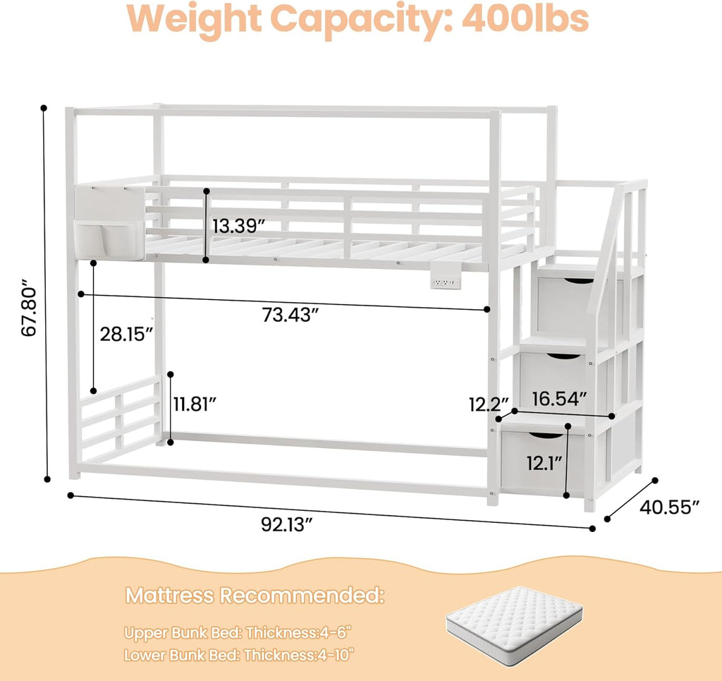 Low Bunk Bed Twin Over Twin with Storage Staircase, RGB LED Lights, Drawers & Shelves, Metal Bunk Beds for Kids with Power Outlet, Double Full-Length Guardrails & Metal Slats for Small Space, White