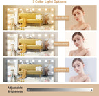 VOWNER Vanity with Lighted Mirror - Glass Top Makeup Vanity Desk with Lights and 11 Drawers, 3 Color Lighting Modes Adjustable Brightness, 46" Makeup Desk with Soft Cushioned Stool for Bedroom, White
