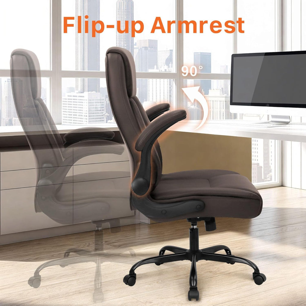 NEO CHAIR Office Desk Gaming Computer Home Chair Ergonomic Executive High Back Support Flip-up Arms Adjustable Height Swivel Rolling Wheels Comfy PU Leather (Brown)