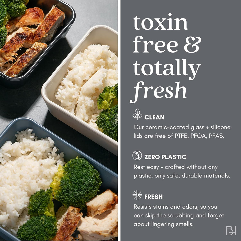 Ceramic Coated Glass Food Storage Containers | No PTFE, PFOA, PFAS, and BPA | Reusable Non Toxic Meal Prep Containers with Glass Lids | Easy To Store | 10 Piece Set Crema