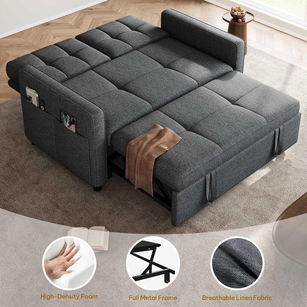 DWVO 55" Convertible Sofa Bed, 3-in-1 Sleeper Sofa with Pull-Out Bed, Linen Futon Couch with Adjustable Backrest and Side Pocket, Modern Loveseat for Living Room Apartment, Grey