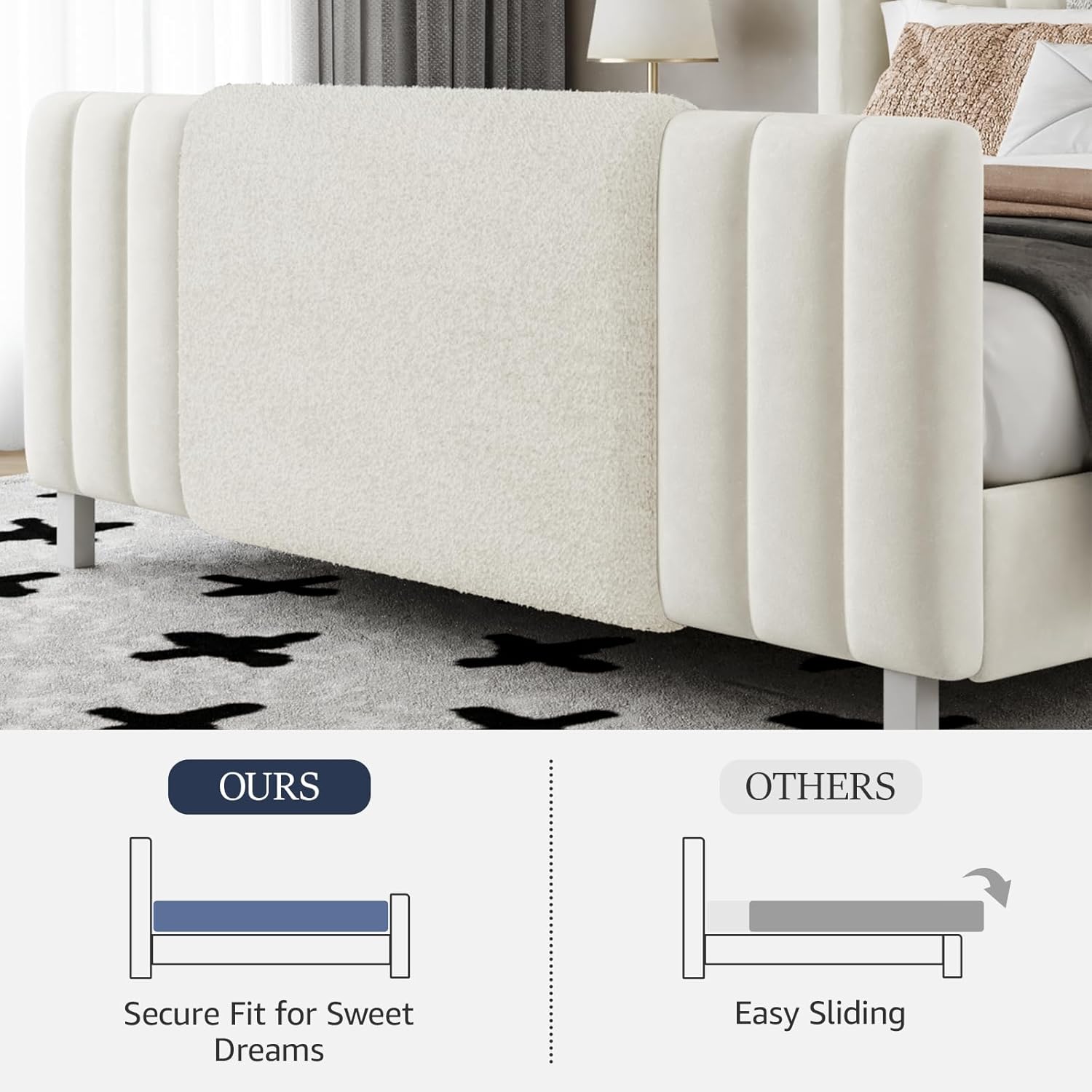 Queen Upholstered Bed Frame with Headboard and Footboard, Boucle and Velvet Bed Frame with LED Lights, Modern Platform Bed Frame, Noiseless, Easy Assembly, White