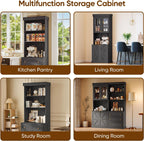Vyre 71" Farmhouse Kitchen Pantry Cabinet Set of 3, Black Freestanding Coffee Bar Hutch with Glass Doors & Adjustable Shelves, Large Storage Cabinet with Microwave Stand for Living Room & Kitchen