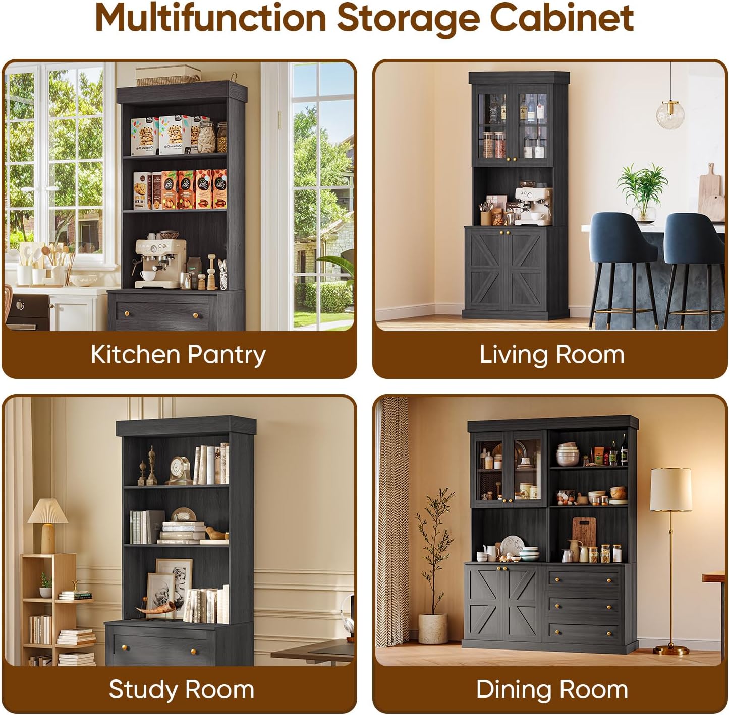 Vyre 71" Farmhouse Kitchen Pantry Cabinet Set of 3, Black Freestanding Coffee Bar Hutch with Glass Doors & Adjustable Shelves, Large Storage Cabinet with Microwave Stand for Living Room & Kitchen