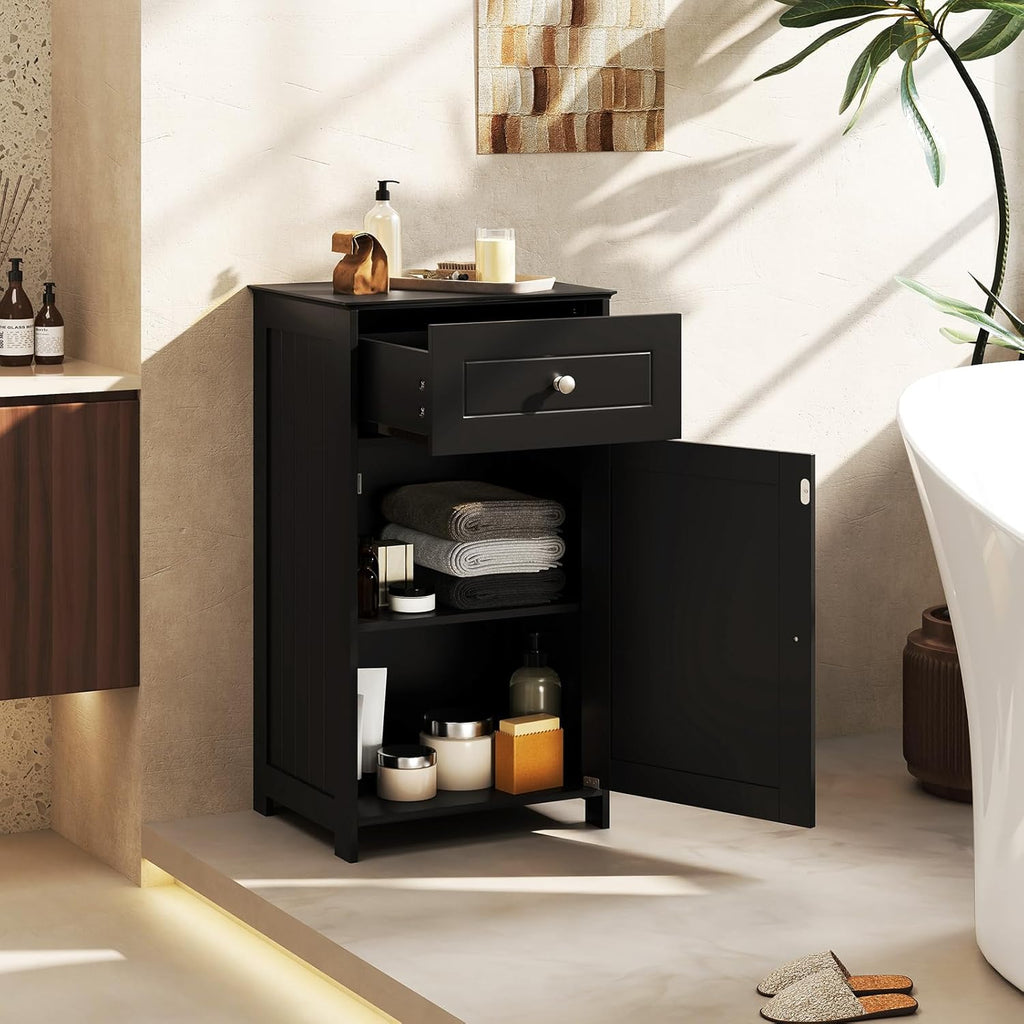 Giantex Floor Bathroom Storage Cabinet - Freestanding Cabinet with Drawer, Door, Adjustable Shelf, Anti-Tipping Device, Storage Organizer for Sofa Side, Bathroom, Living Room, Bedroom, White (Black)