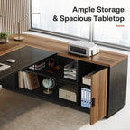 Tribesigns 79-Inch Executive Desk, Large Office Desk with Cabinet, L-Shaped Compter Desk with Storage Shelves, Writing Table for Home Office, Brown and Black