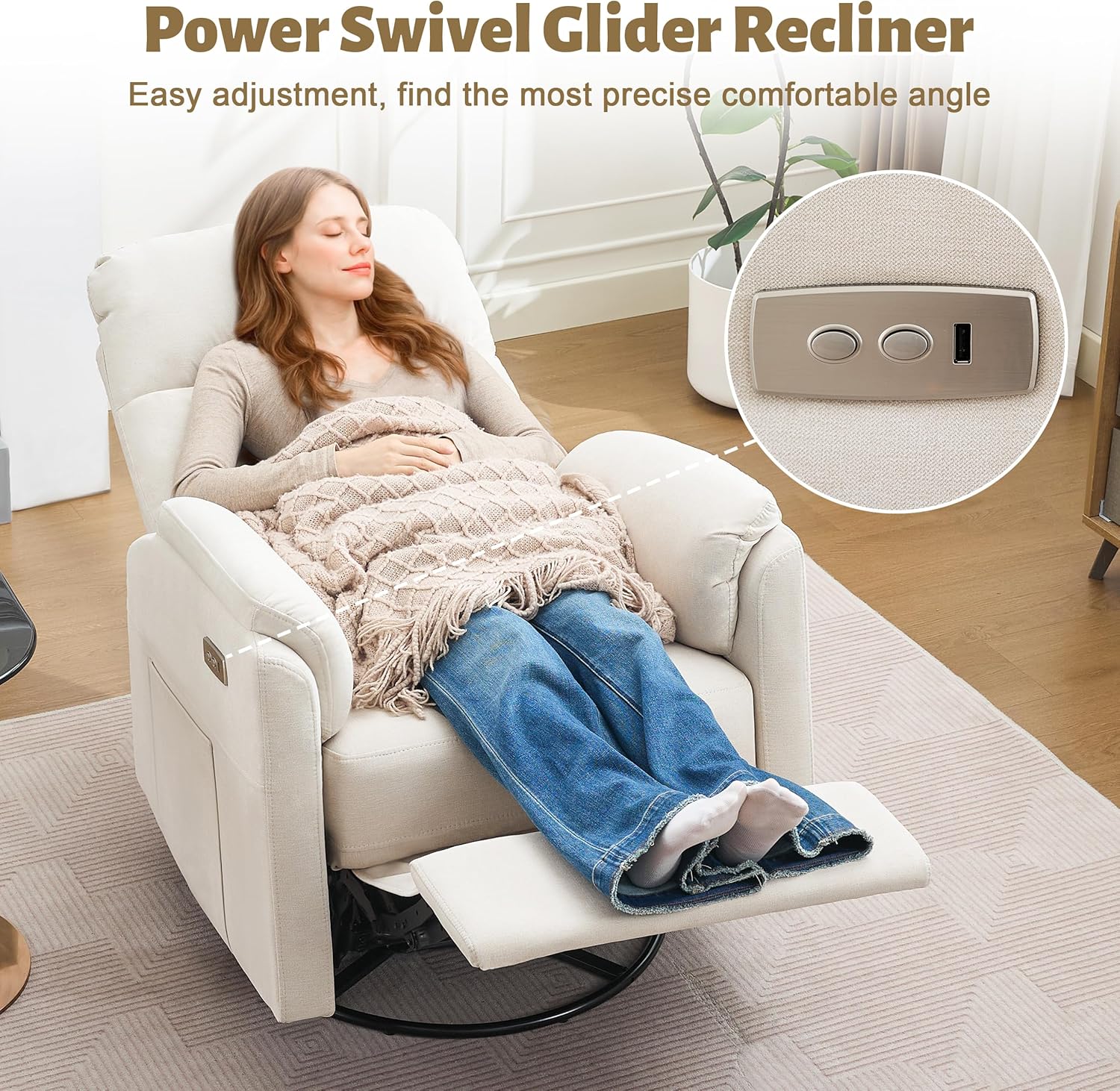 Power Glider Recliner Nursery Rocking Chair with USB Ports, Glider Chair with Lumbar Pillow for Living Room, Glider Swivel Recliner Chair for Nursery(Beige)