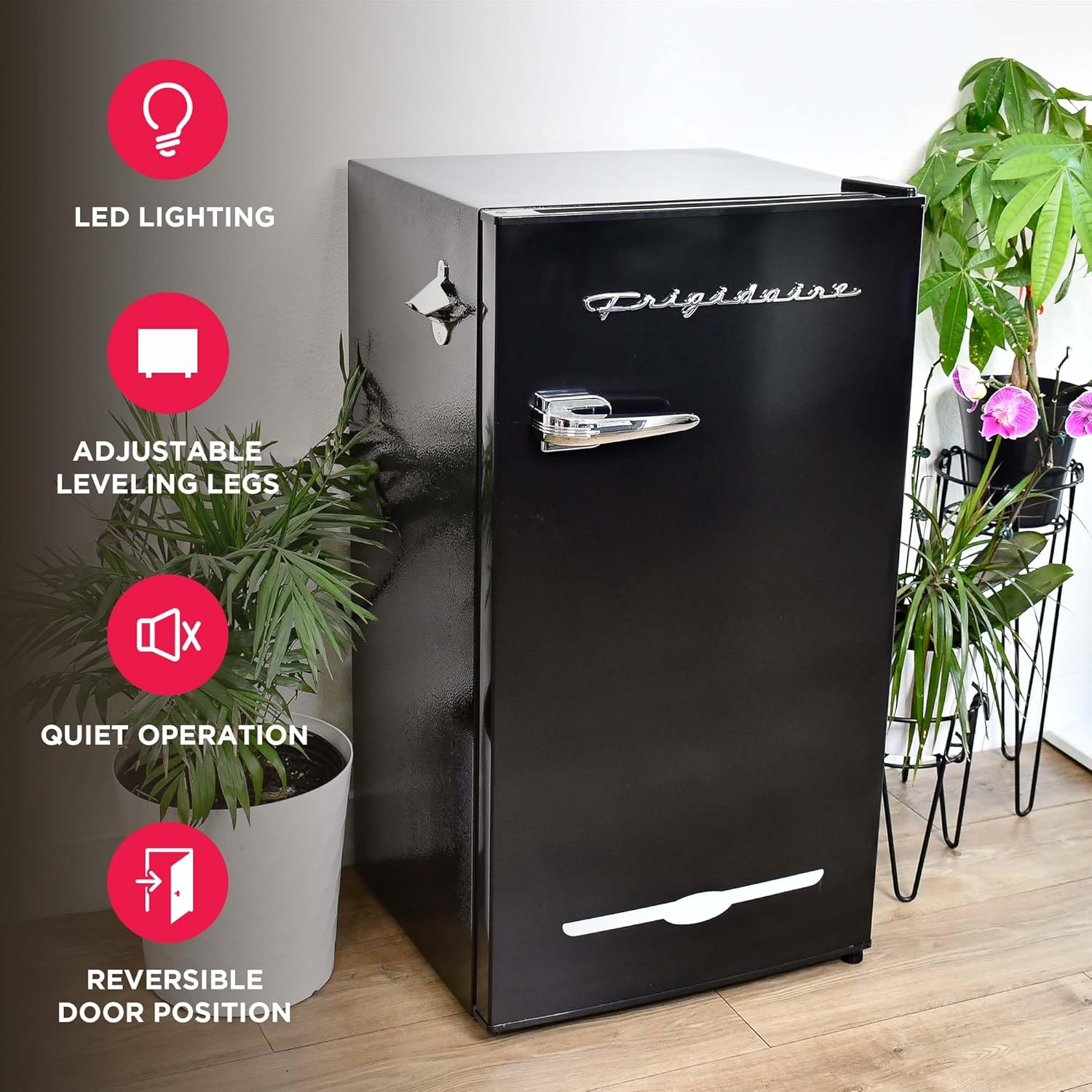 FRIGIDAIRE EFR376-BLACK 3.1 Cu Ft Black Retro Bar Fridge with Side Bottle Opener