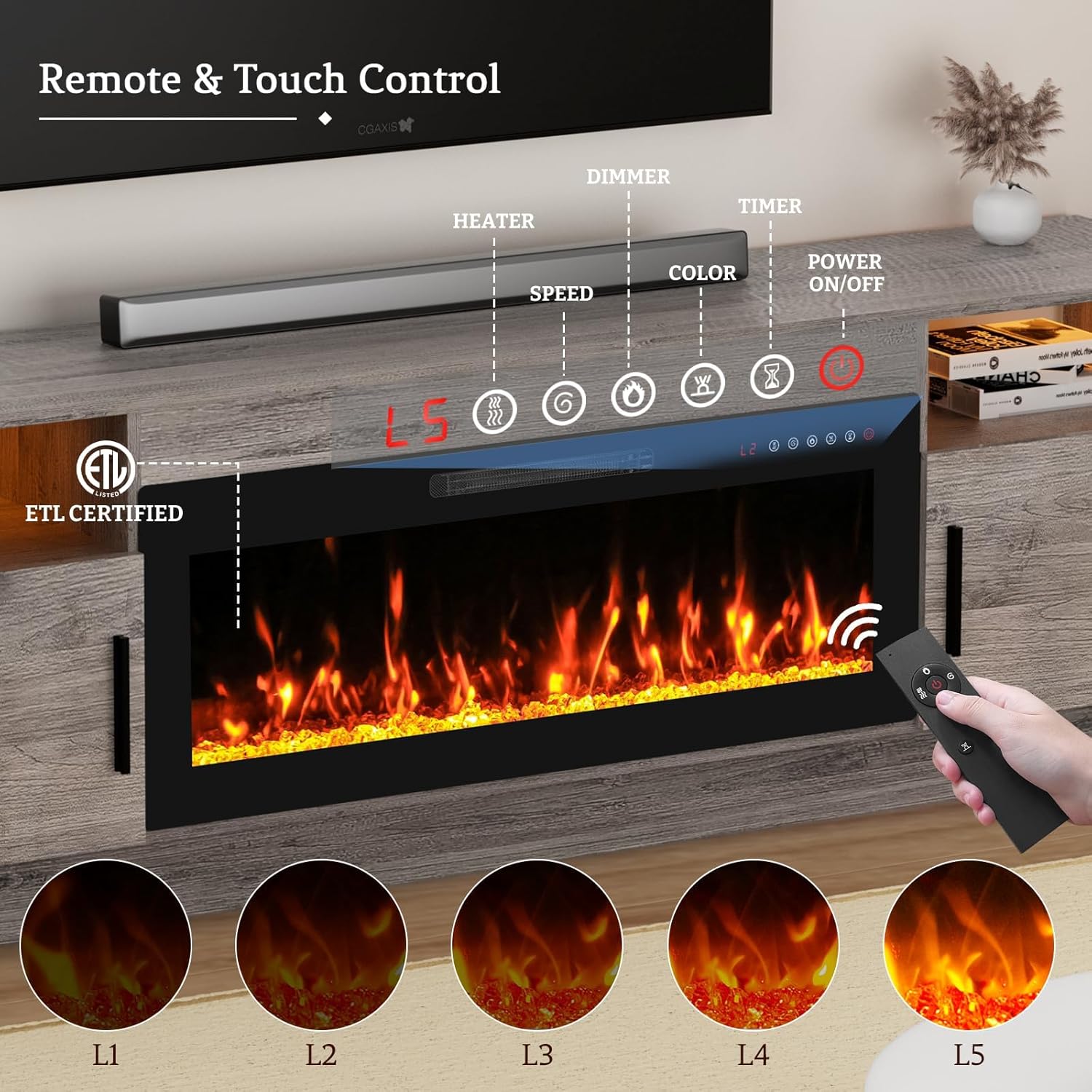 70'' TV Stand with Fireplace, Entertainment Center with Fireplace for 75+inch TV- Grey TV Cabinets with Storage, 20 Led Colors, Cable Management, Modern TV Console for Living Room