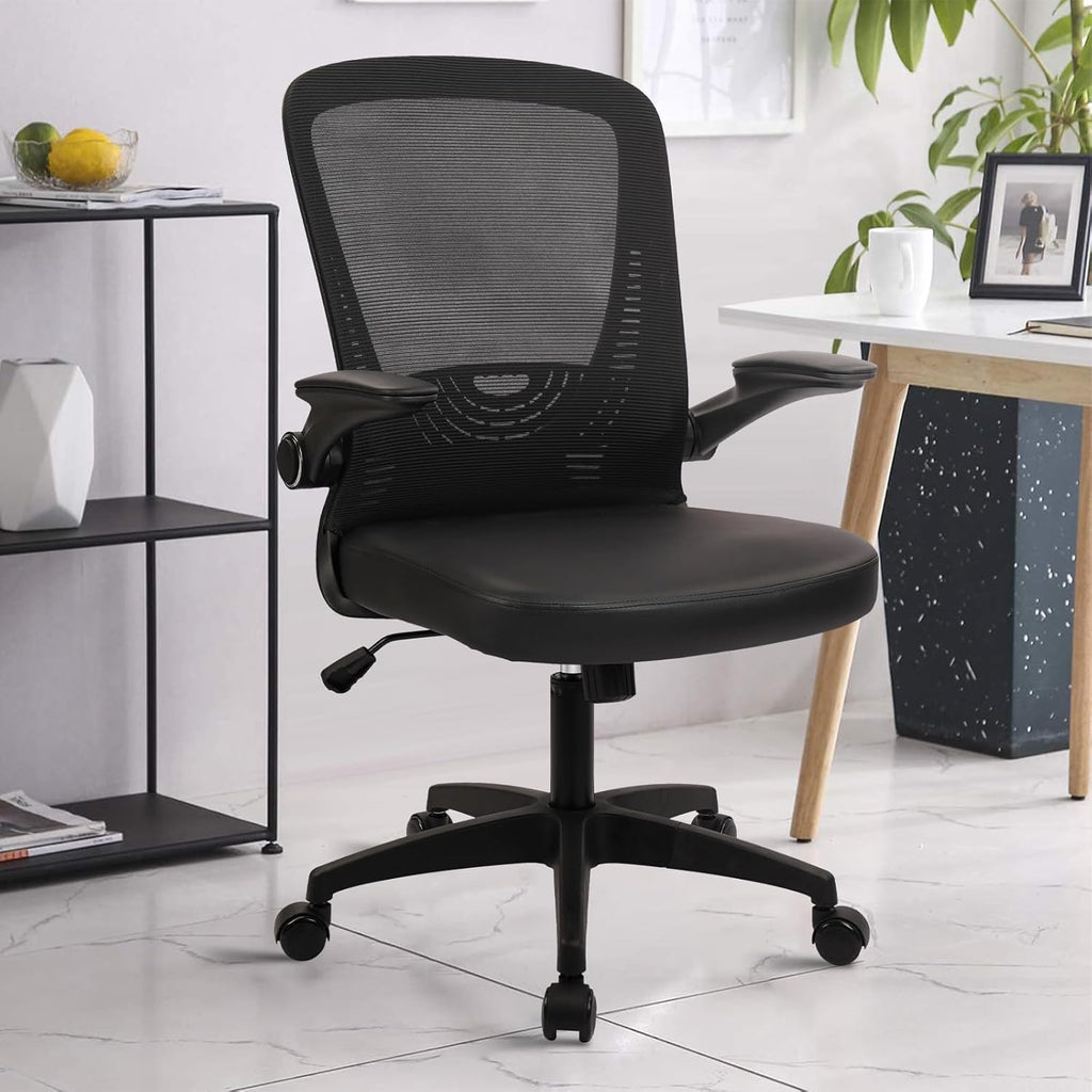 CLATINA Desk Chairs with PU Leather Seat, Flip Up Arms Ergonomic Mesh Back Office Chair with Lumbar Support, Adjustable Height Swivel Rolling Computer Chairs for Home Conference Meeting, Black, 4 Pack