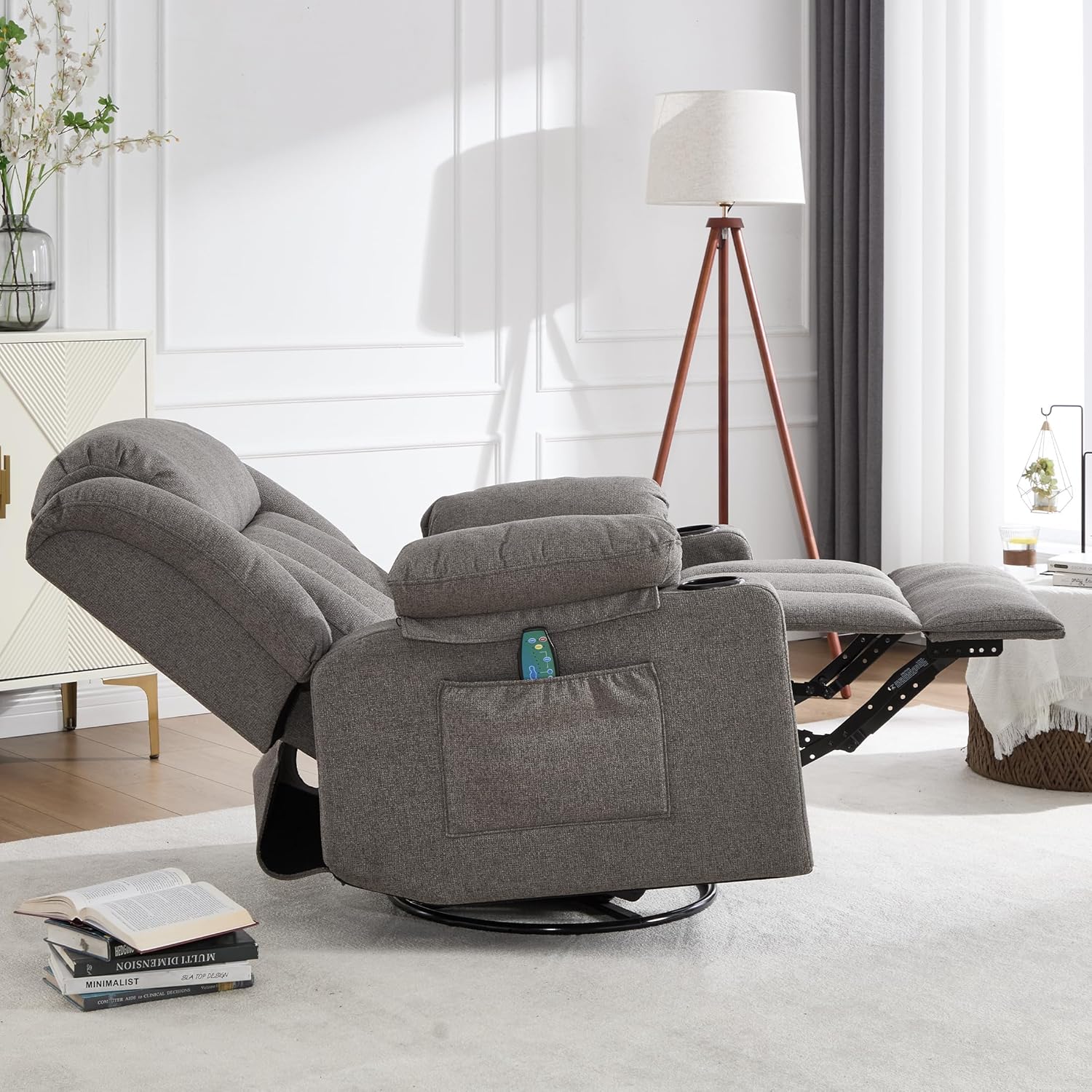 Rocker Swivel Recliner Chair for Adults, Overstuffed Large Manual Recliner Glider with Massage and Heat, Comfy Soft Fabric Living Room Reclining Sofa Chair (Smoked Gray)