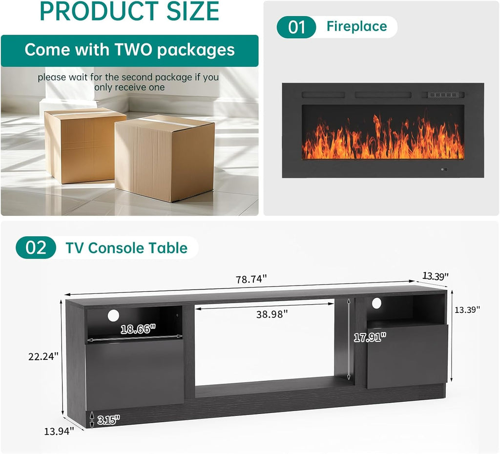MXV 80" Fireplace TV Stand for TVs Up to 90", LED Light Entertainment Center with 36" Electric Fireplace, Modern Wood Texture TV Media Console with Highlight Storage Cabinet, Black+Black
