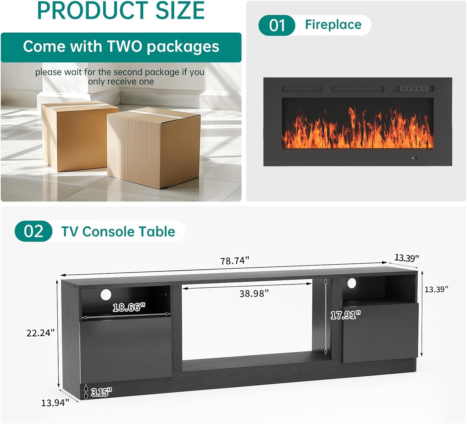 MXV 80" Fireplace TV Stand for TVs Up to 90", LED Light Entertainment Center with 36" Electric Fireplace, Modern Wood Texture TV Media Console with Highlight Storage Cabinet, Black+Black