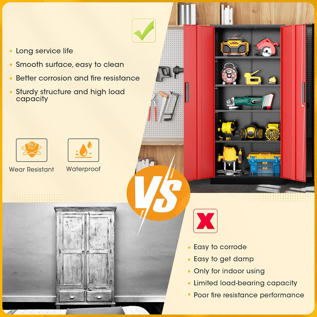 Greenvelly Metal Storage Cabinet, Steel Garage Cabinet with Doors and Adjustable Shelves, Metal Cabinet with Lock,Tall Metal Office Storage Cabinet for Garage,Home Office,School (Black Red)
