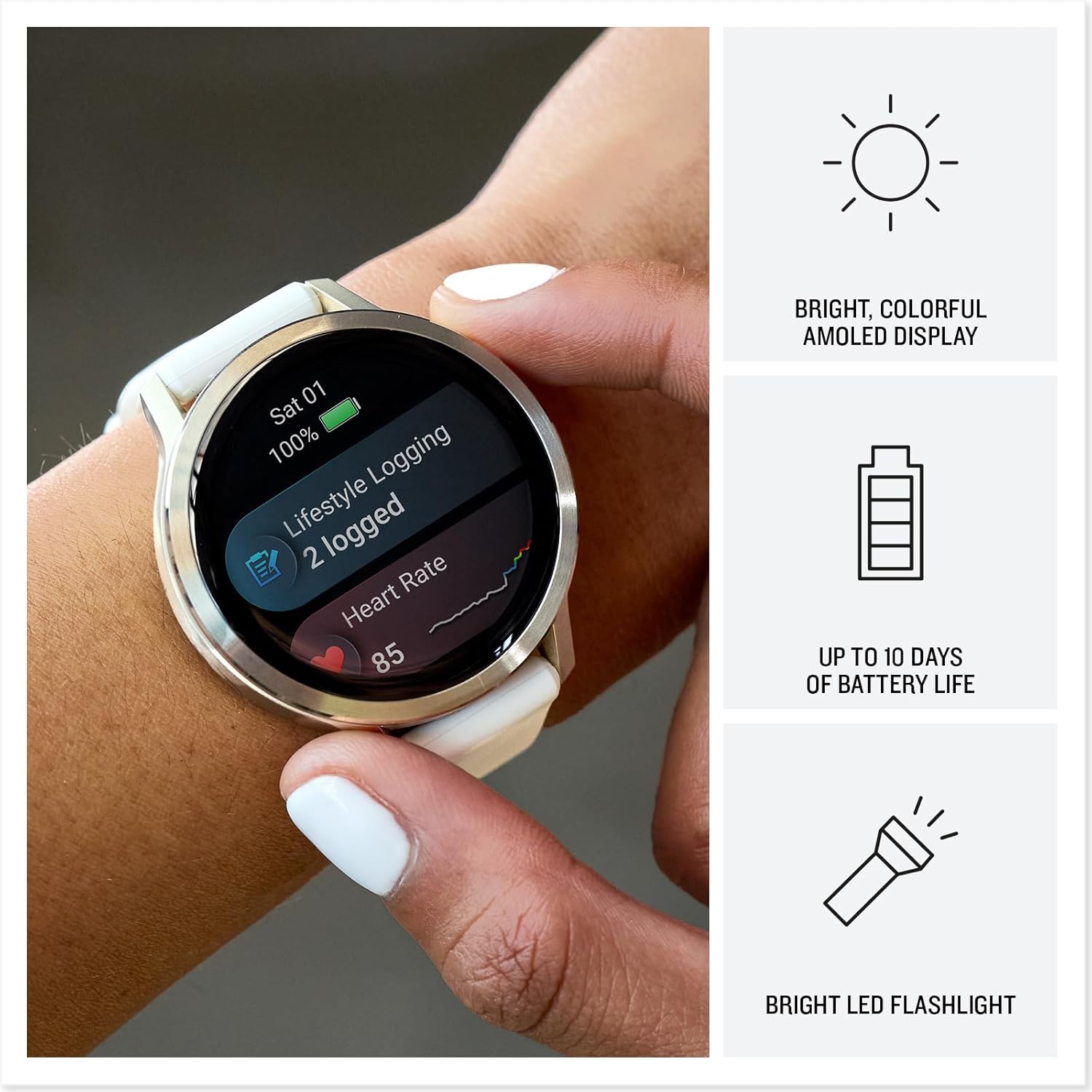 Garmin Venu 4  41mm  Advanced Fitness Tracker GPS Smartwatch  1.2" AMOLED Display  Built-in Flashlight  10 Days of Battery Life  Lunar Gold with Bone Silicone Band (Watch Bundle)