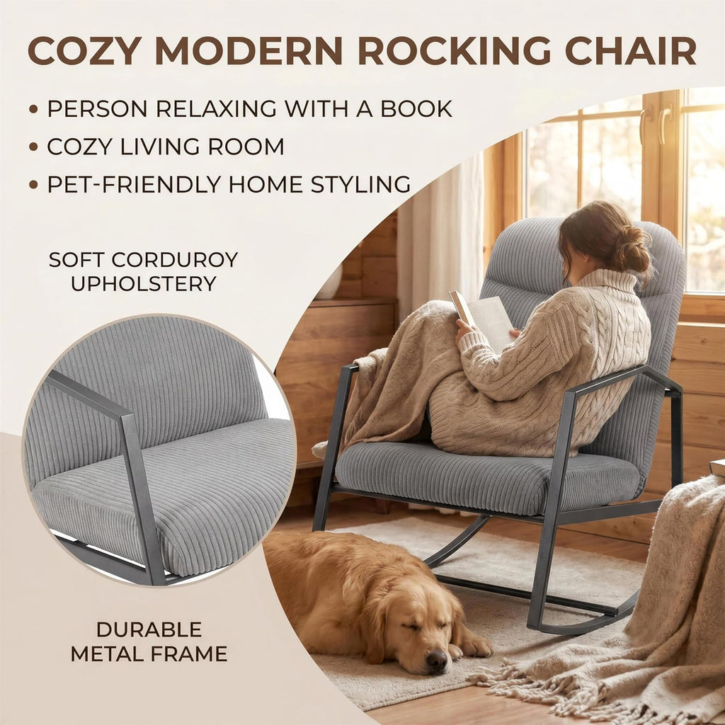 Kinfant Mid Century Modern Rocking Chair, Corduroy Upholstered Accent Chair with Metal Frame, High Back Nursery Glider Rocker, Comfy Reading Lounge Chair for Living Room Bedroom Small Space (Grey)