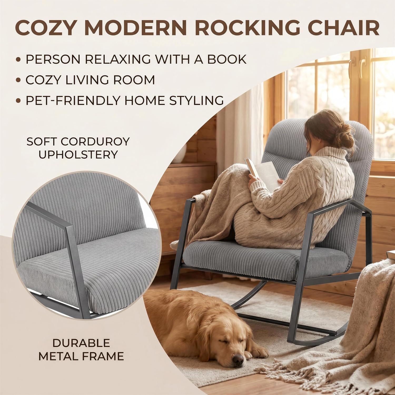 Kinfant Mid Century Modern Rocking Chair, Corduroy Upholstered Accent Chair with Metal Frame, High Back Nursery Glider Rocker, Comfy Reading Lounge Chair for Living Room Bedroom Small Space (Grey)