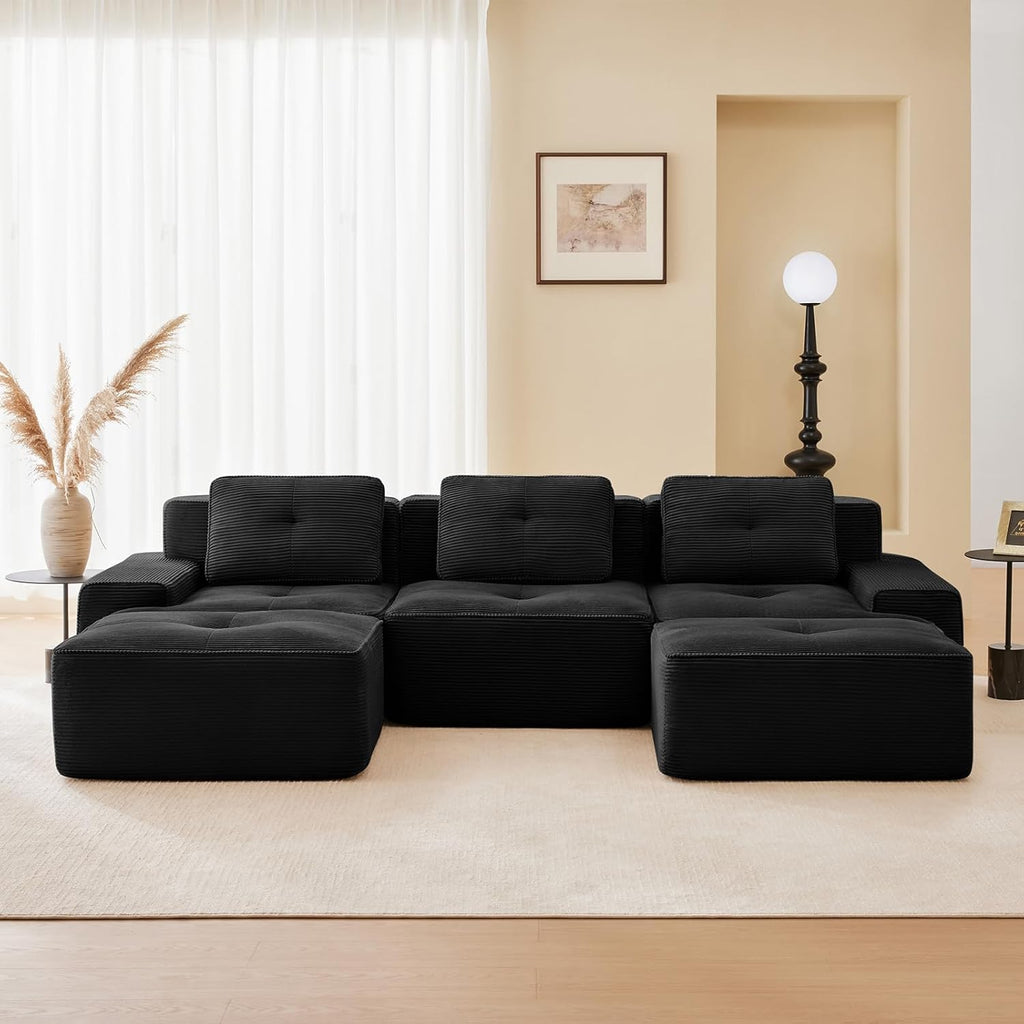 117" Modern Compressed Boneless Couch with Ottoman, 3 Seater Large U Shaped Sectional Couches for Living Room, Black Corduroy Cloud Modular Sectional Sofa, Memory Foam, Extra Deep, No Assembly