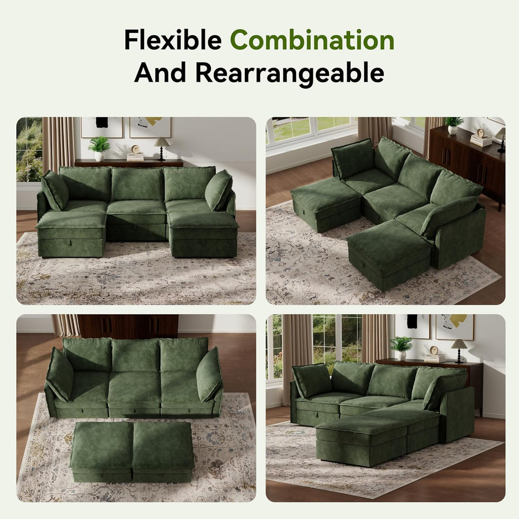 Ihanherry 97.2” Modular Sectional Sofa with Storage, U Shaped Modern Sofa for Living Room, 4-Seat Chenille Fabric Comfy Deep Seat Sofa with Movable Ottoman for Bedroom and Apartment, Green
