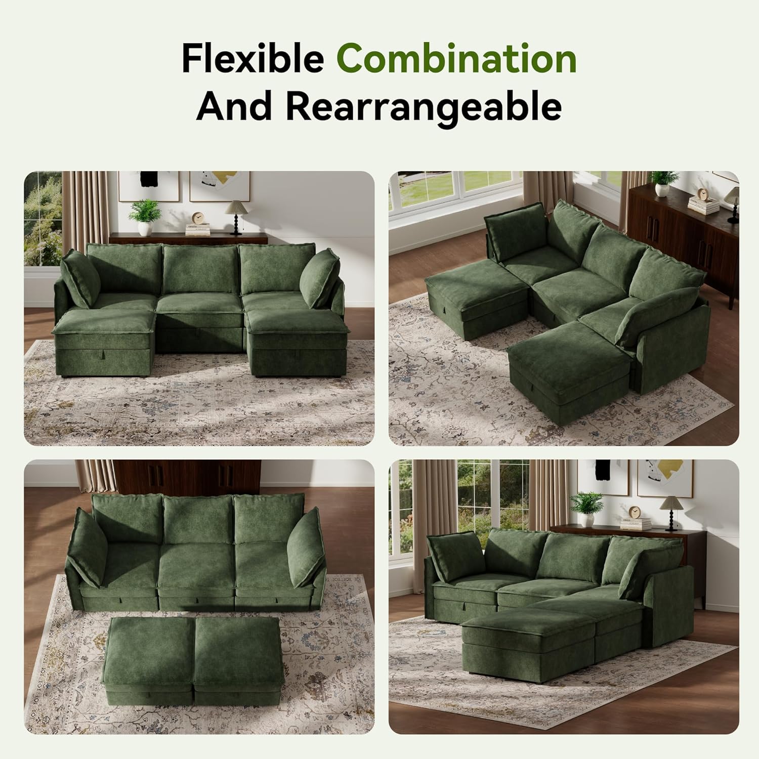 Ihanherry 97.2” Modular Sectional Sofa with Storage, U Shaped Modern Sofa for Living Room, 4-Seat Chenille Fabric Comfy Deep Seat Sofa with Movable Ottoman for Bedroom and Apartment, Green