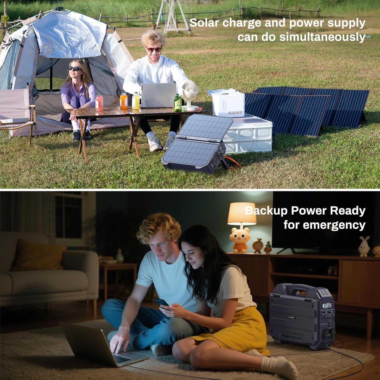 BROWEY 1600W (3200W Peak) Portable Power Station  1024Wh LiFePO4 Battery with Built-in Solar Panel  100W USB-C PD  Solar Generator for Camping  RV  Home Backup  Emergency (Dark Blue)