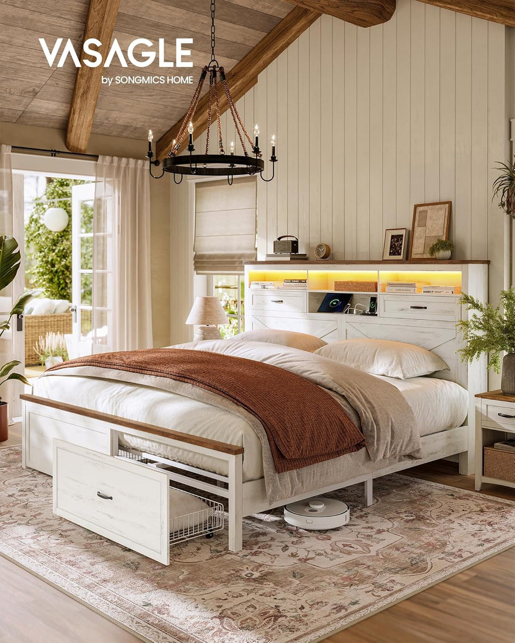 VASAGLE King Bed Frame with Storage Headboard, 51.3-Inch Tall Farmhouse Bed Frame King Size with 4 Drawers, LED Lights, Charging Station, Noise-Free, No Box Spring Needed, Rustic White URMB424W01S