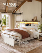 VASAGLE King Bed Frame with Storage Headboard, 51.3-Inch Tall Farmhouse Bed Frame King Size with 4 Drawers, LED Lights, Charging Station, Noise-Free, No Box Spring Needed, Rustic White URMB424W01S