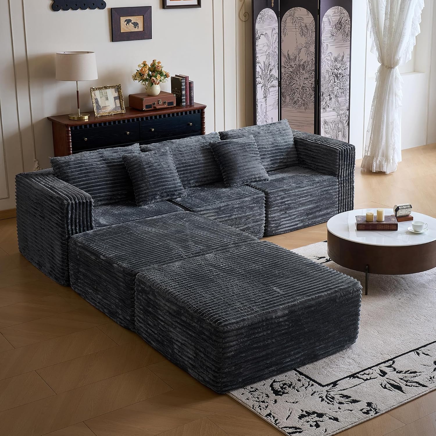 110" Modular Sectional Couch with 2 Movable Ottoman, Cloud Sofa Couches for Living Room, U Shaped Deep Seat Boneless Sofa,Luxury Corduroy Fabric, No Assembly Required Grey