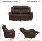 CHITA Genuine Leather Power Recliner Sofa, Wall Hugger Reclining Loveseat with Power Headrest, Charging Ports, Reclining Sectional Couch for Living Room, RV, Dark Brown