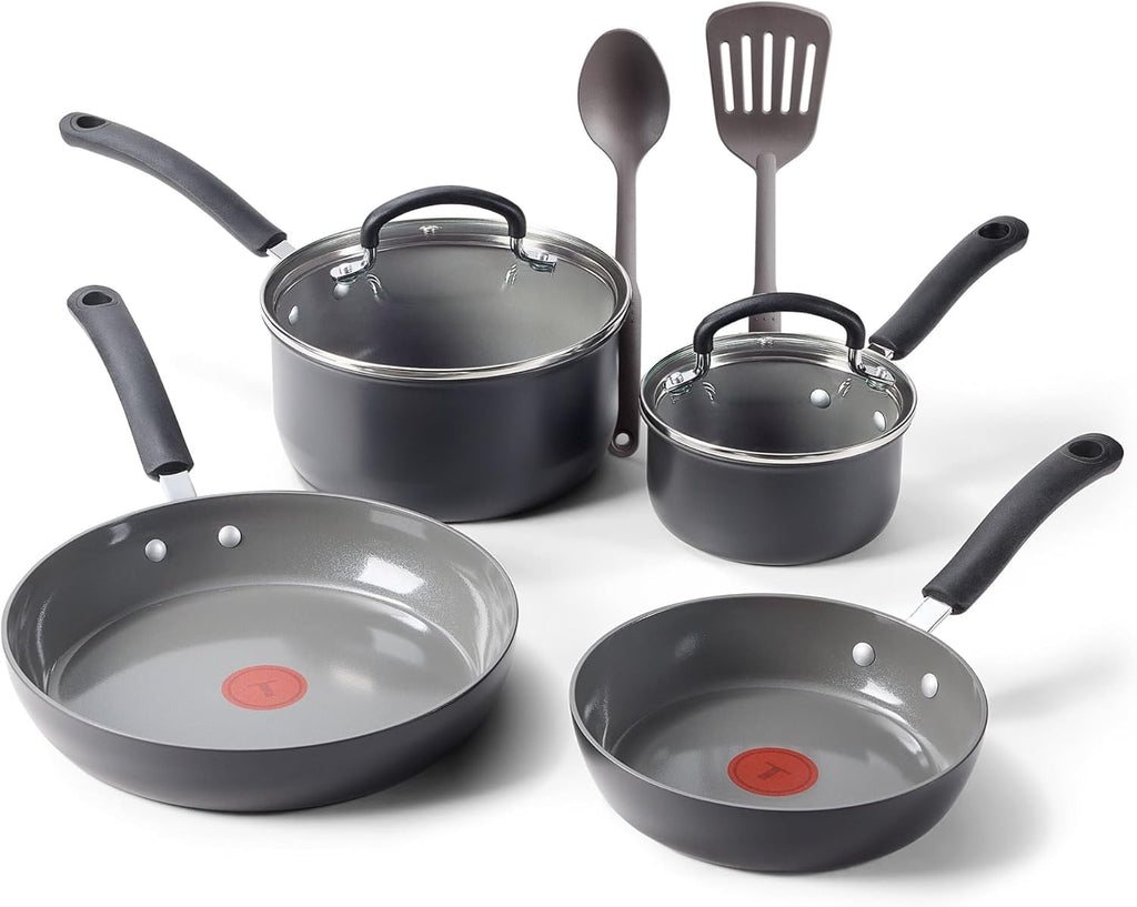 T-Fal Ultimate Hard Anodized Ceramic Nonstick 8 Piece Cookware Set, Oven Safe Up to 400°F, Dishwasher Safe, Pots and Pans Set, Includes Frying Pans, Saucepan, Cooking Utensils, Stone