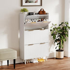 VINGLI White Fluted Shoe Storage Cabinet for Entryway with 3 Flip Drawers, Narrow Shoe Organizer with Fluted Panel, Modern Freestanding Wood Shoe Cabinet for Foyer, Hallway (White, 3 Flip Drawers)