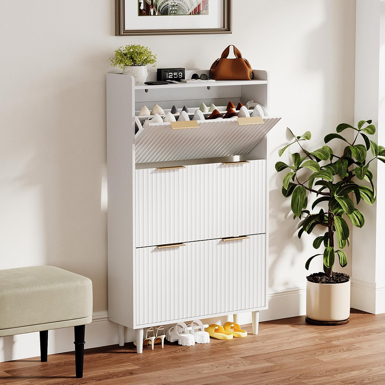 VINGLI White Fluted Shoe Storage Cabinet for Entryway with 3 Flip Drawers, Narrow Shoe Organizer with Fluted Panel, Modern Freestanding Wood Shoe Cabinet for Foyer, Hallway (White, 3 Flip Drawers)