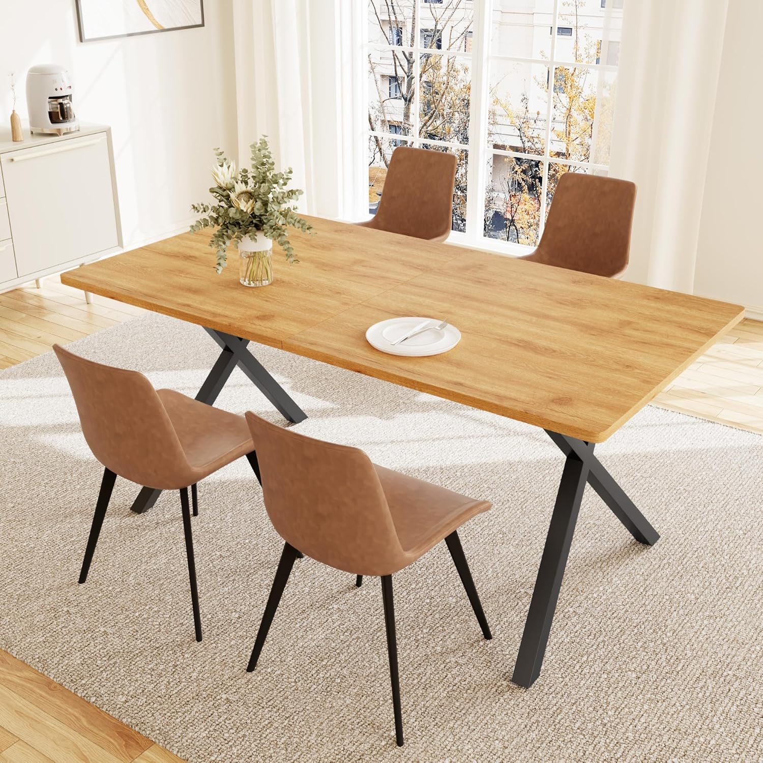 5-Piece Dining Table Set for 4-6 People, 63" MDF Kitchen Table with 4 Upholstered Chairs, Metal Legs for Dining Room, Kitchen(Oak Table+4 Brown Chairs)