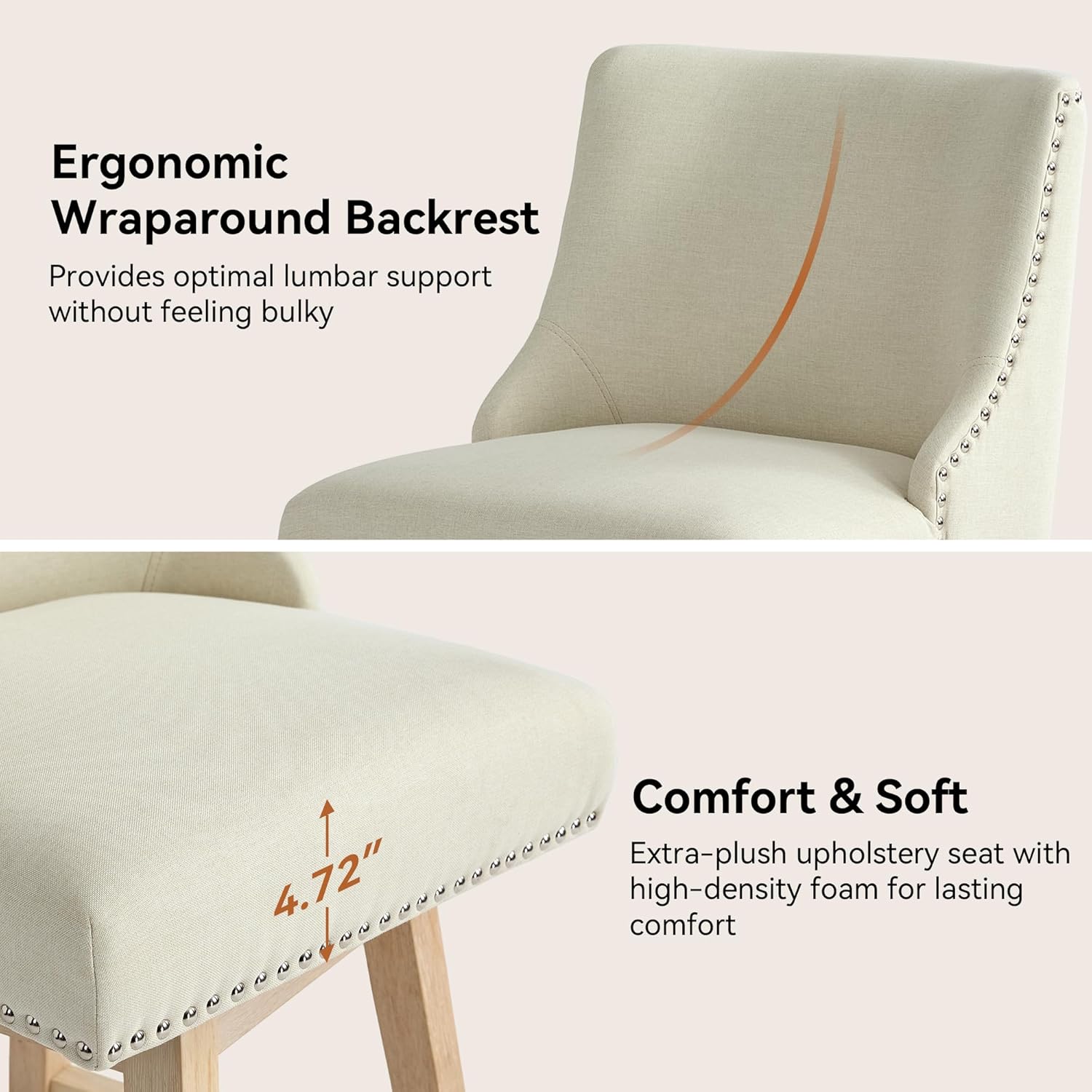 Counter Height Swivel Bar Stools Set of 2, Modern Linen Fabric Swivel Barstools with Back and Wood Legs, Upholstered 26" Seat Height Counter Stools for Kitchen Island, Home Bar, Beige