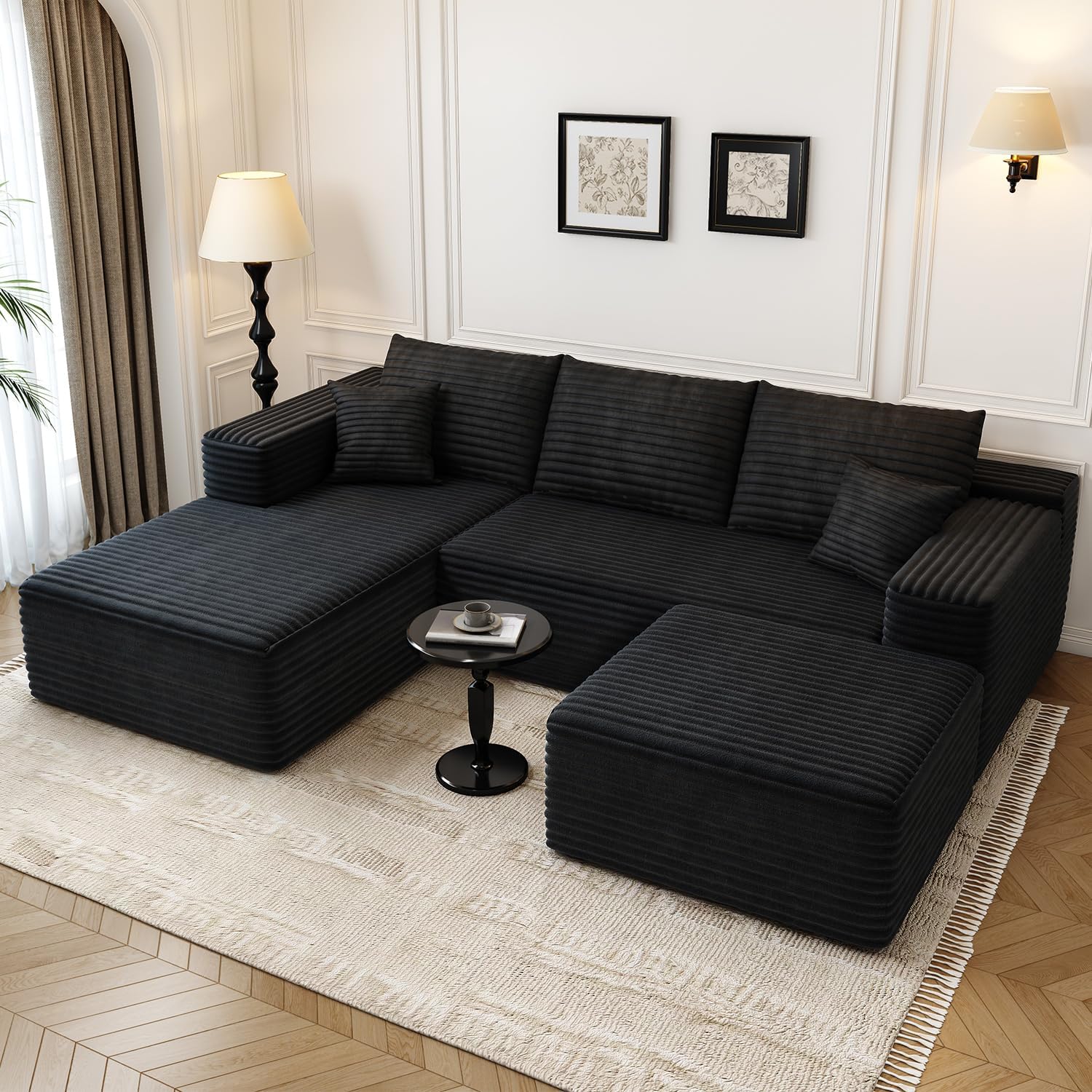 107.5" Cloud Modular Sectional Sofa with 1 Ottoman,Modern Minimalist Upholstered Couches, Comfort U Shaped Sofa for Living Room,Deep Seat Corner Couch .No Assembly Required (Black,Left Facing Chaise)