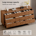 9 Drawer Dresser,63" Wide Mid Century Modern Chest of Drawers,Wooden Bedroom Drawer Dresser with 9 Storage Drawers for Bedroom, Living Room,with Anti-Tipping Device,Walnuts