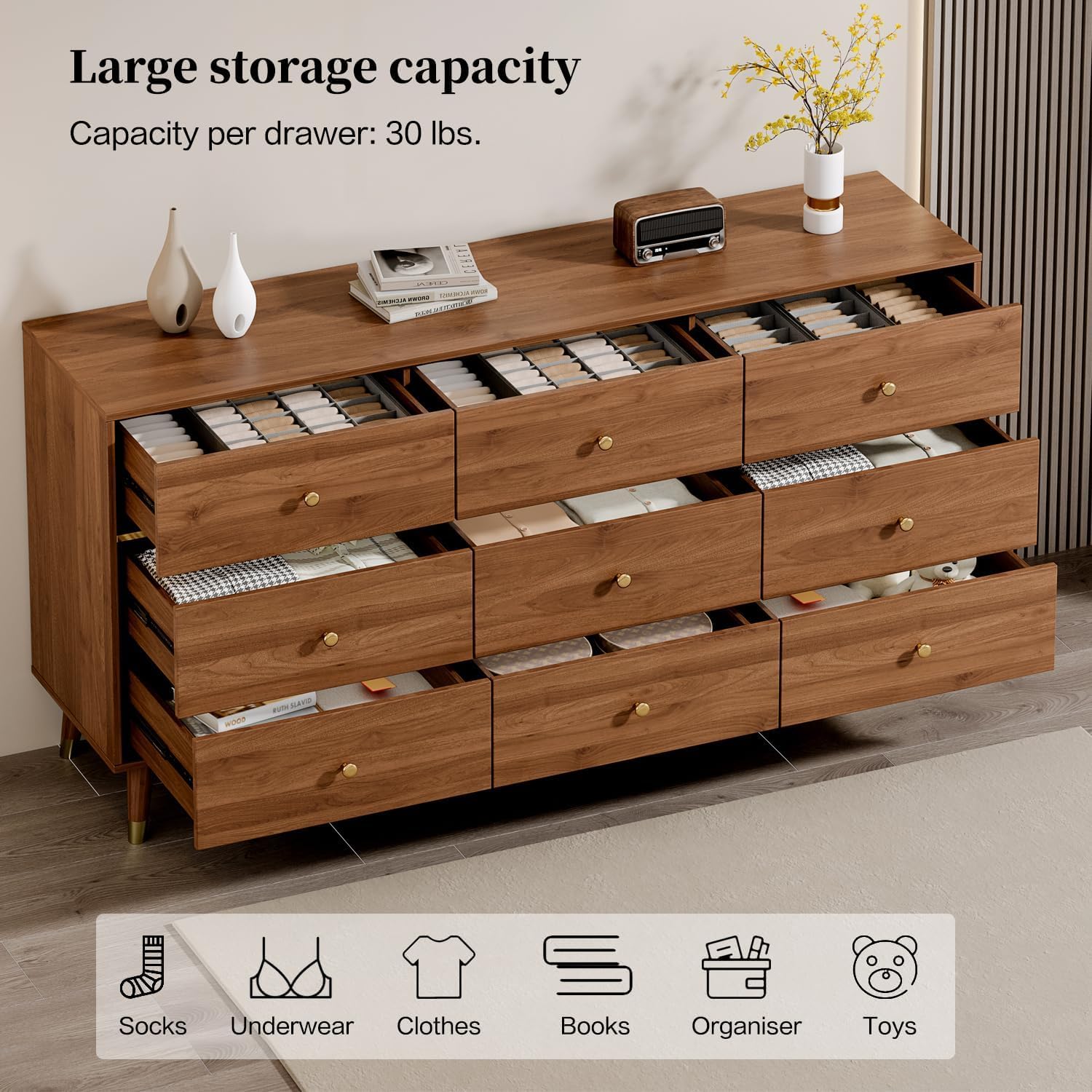 9 Drawer Dresser,63" Wide Mid Century Modern Chest of Drawers,Wooden Bedroom Drawer Dresser with 9 Storage Drawers for Bedroom, Living Room,with Anti-Tipping Device,Walnuts