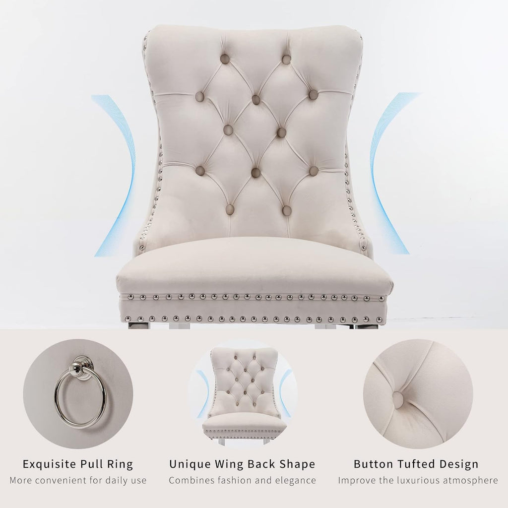 Velvet Dining Chairs Set of 6, Kitchen & Dining Room Chairs Set of 6, Tufted Dining Chairs, Velvet Upholstered, Chrome Metal Legs (Beige)