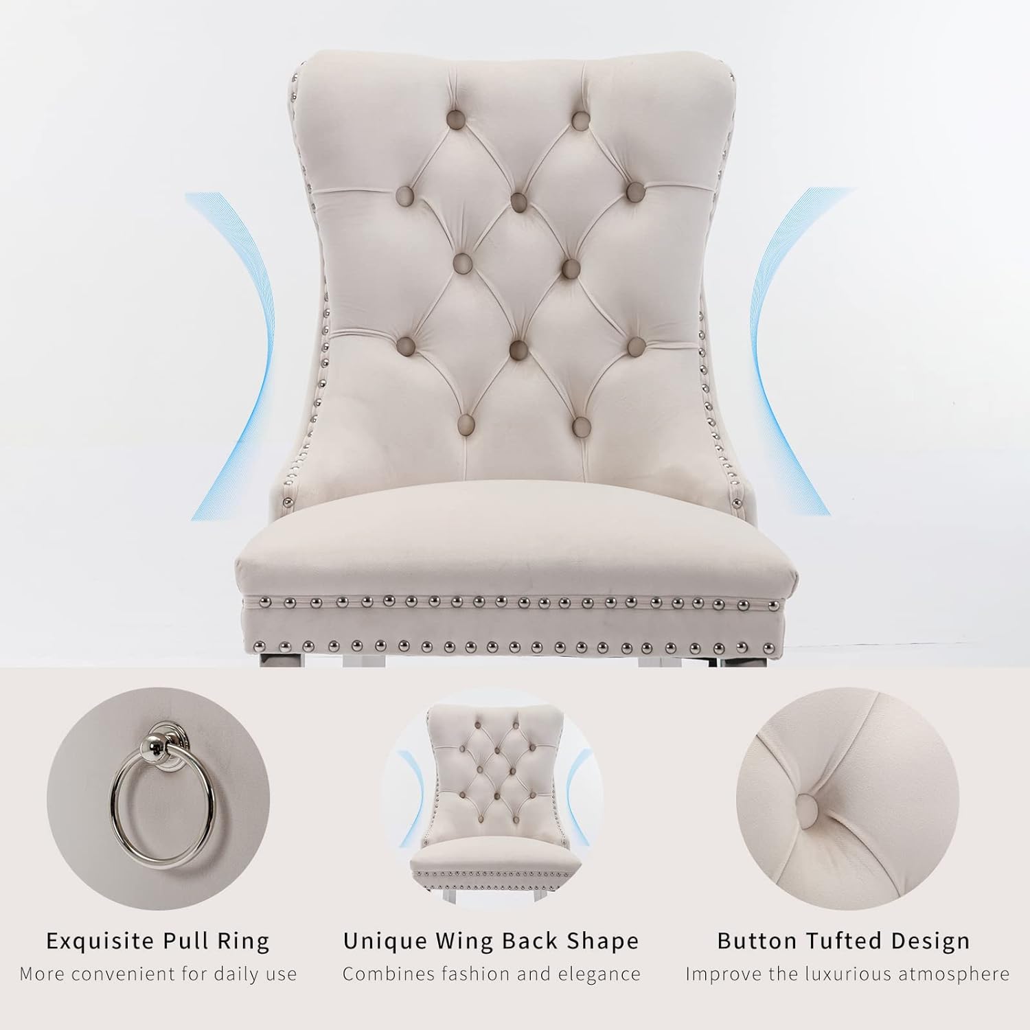 Velvet Dining Chairs Set of 6, Kitchen & Dining Room Chairs Set of 6, Tufted Dining Chairs, Velvet Upholstered, Chrome Metal Legs (Beige)