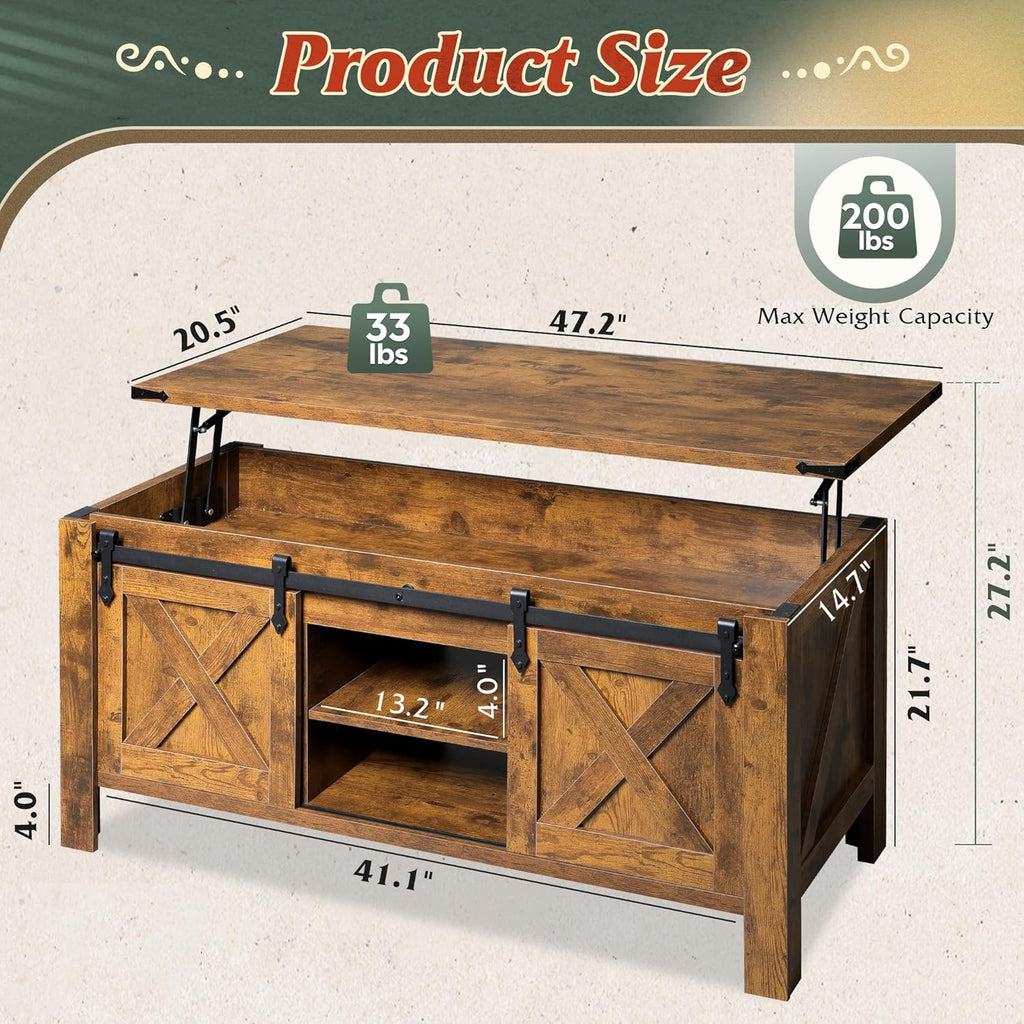 WLIVE 47.3" Farmhouse Lift Top Coffee Table with Sliding Barn Doors, Large Hidden Storage Compartment and Adjustable Shelf for Living Room,Office, Rustic Brown