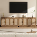 59-Inch Rattan Sideboard Buffet Cabinet, Farmhouse Storage Cabinets with Adjustable Shelves & 4 Arched Doors, Boho Credenza Coffee Bar Cabinet for Kitchen, Living Room, Entryway