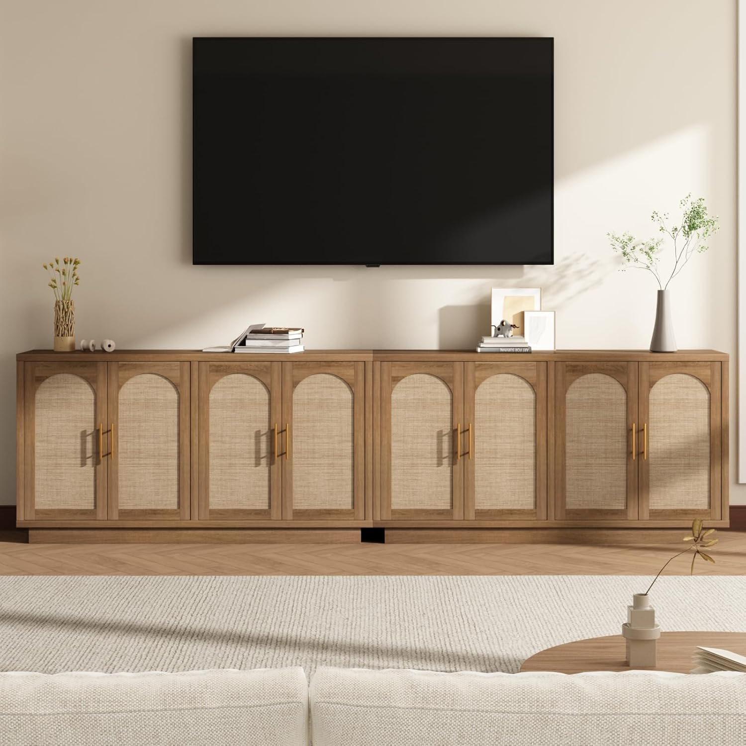 59-Inch Rattan Sideboard Buffet Cabinet, Farmhouse Storage Cabinets with Adjustable Shelves & 4 Arched Doors, Boho Credenza Coffee Bar Cabinet for Kitchen, Living Room, Entryway