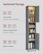VASAGLE Tall Storage Cabinet with Lights, Slim Freestanding Cabinet with Adjustable Shelves, for Small Spaces, Bathroom, Living Room, Modern, 11.8 Inches Wide, Dove Gray UBBC566G02