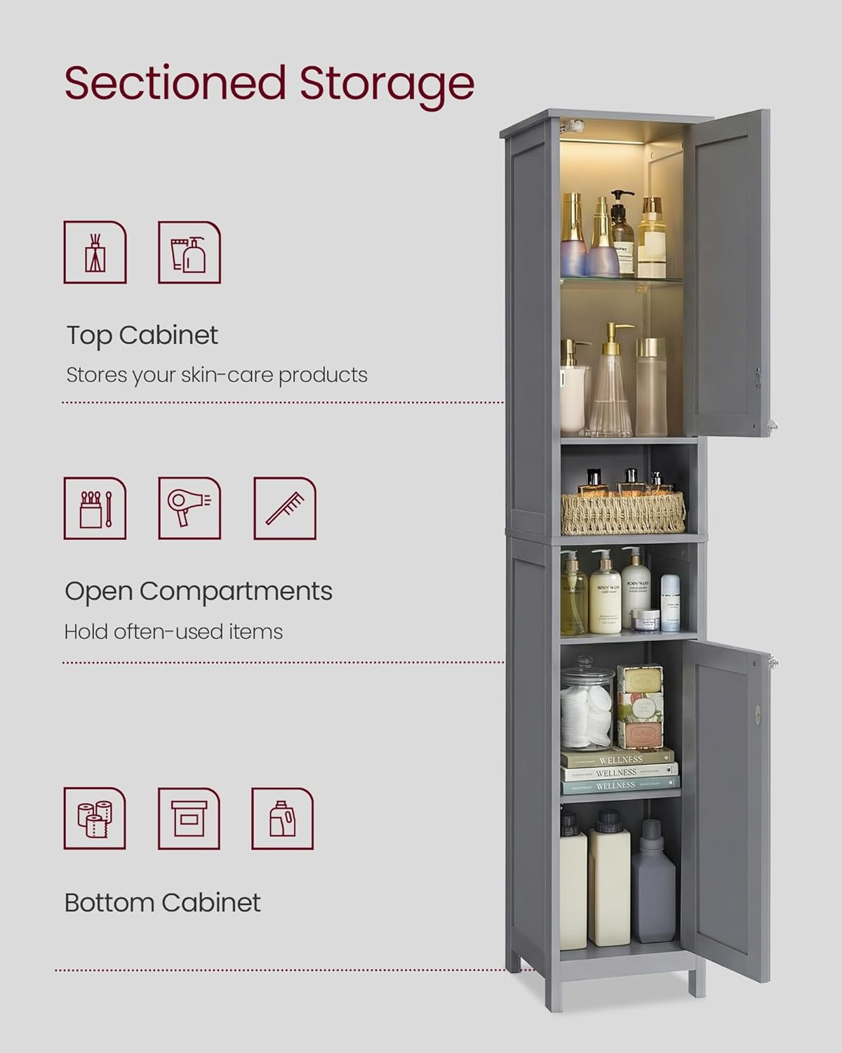 VASAGLE Tall Storage Cabinet with Lights, Slim Freestanding Cabinet with Adjustable Shelves, for Small Spaces, Bathroom, Living Room, Modern, 11.8 Inches Wide, Dove Gray UBBC566G02