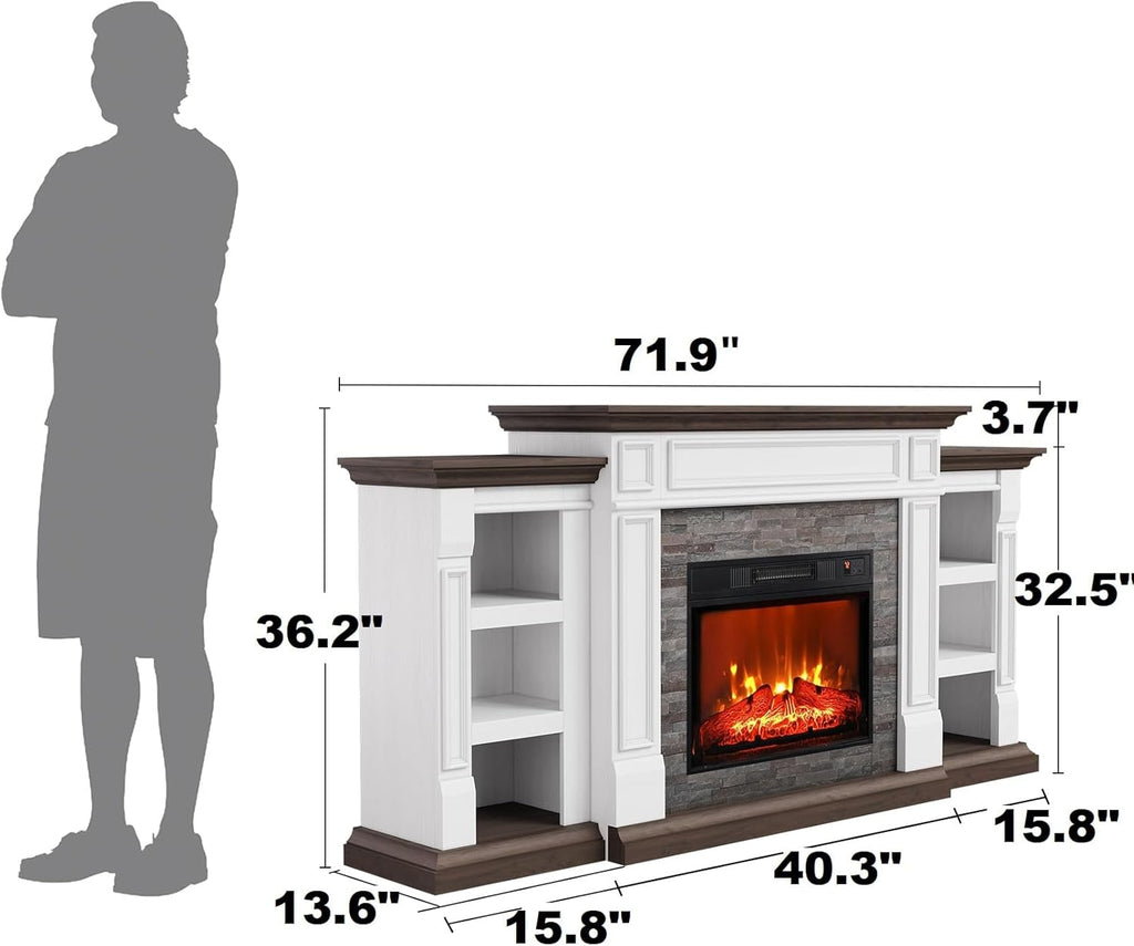 Naice 72" Electric Fireplace with Mantel and Cabinets, Fireplace TV Stand for Living Room Bedroom, Stacked Stone Surround and Remote Control 3D Realistic Flame