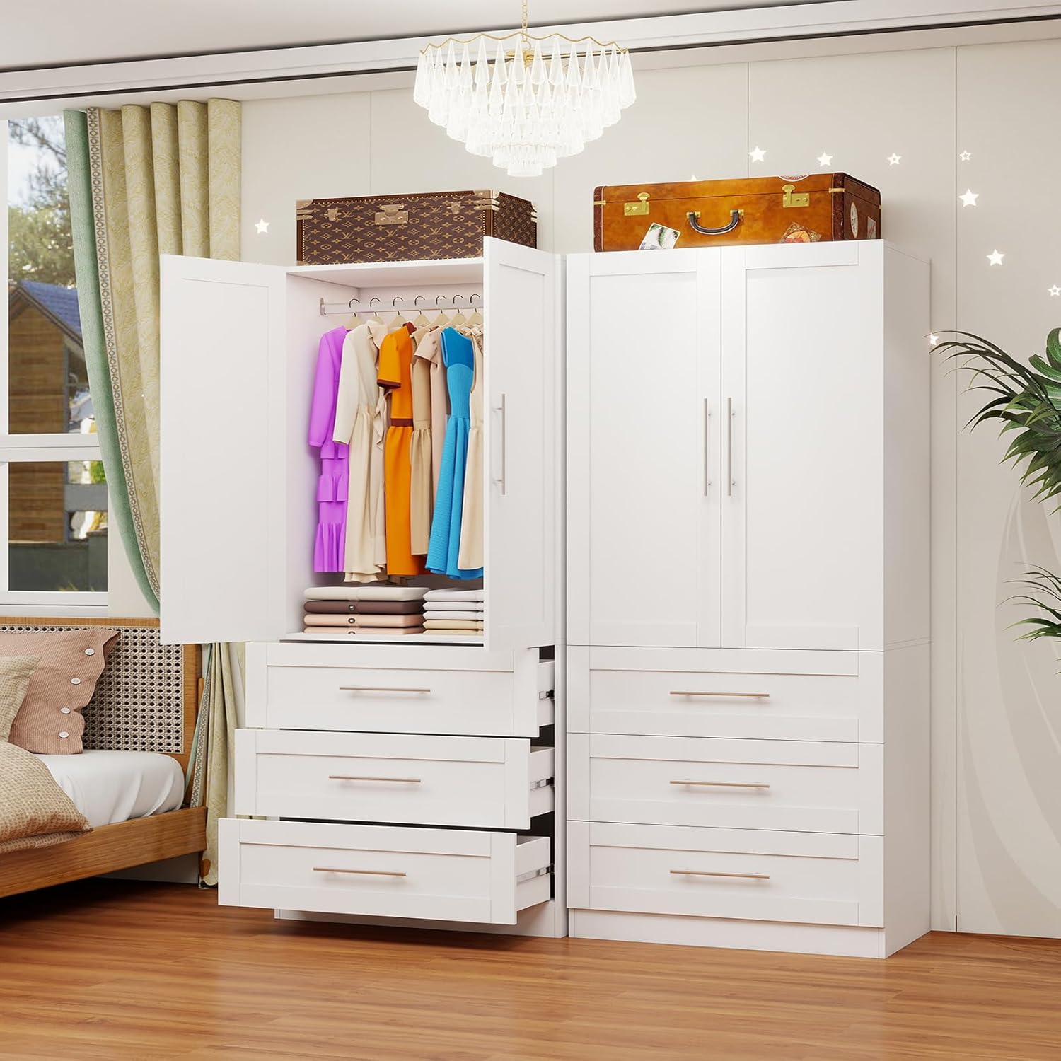 Armoire Wardrobe Closet with 6 Deep Drawers and Doors 71" Clothing Storage Cabinet with Hanging Rod Wooden Wardrobe Cabinet for Bedroom, Large Capacity Storage White, 2 Sets