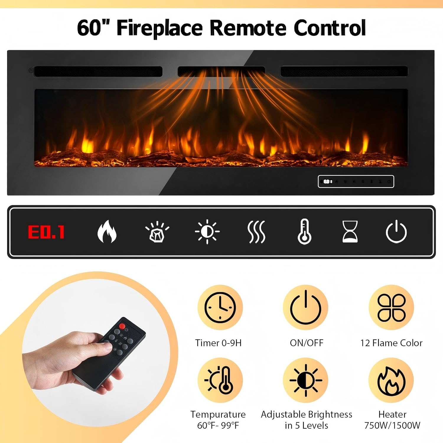 MXV 90" Fireplace TV Stand, Modern Entertainment Center with 60 Inch Electric Fireplace, Adjustable Shelf & Glass Door, Fire Place with WI-FI Enabled, TV Console for Living Room, Black