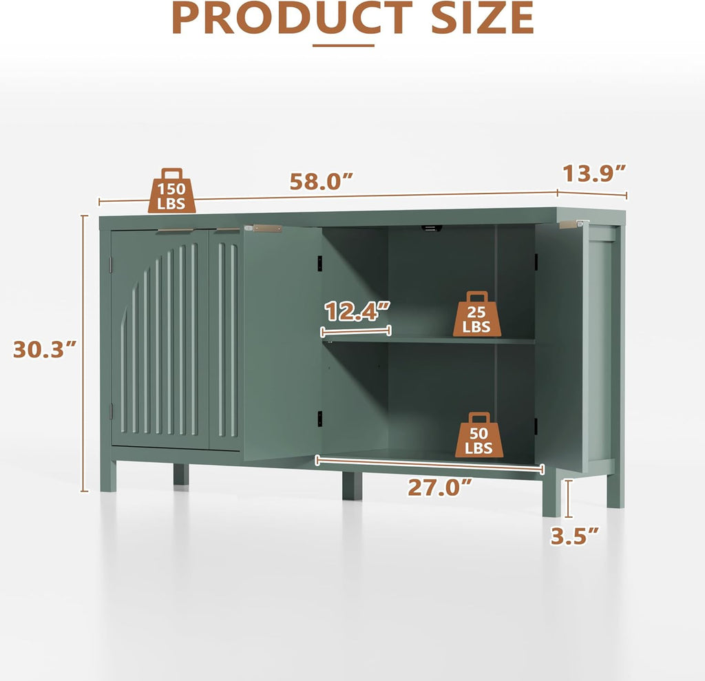 58" W Sideboard Buffet Cabinet with Storage, Mid Century Modern Credenza with Arch Doors & Shelves Coffee Bar Media Console Cabinets for Kitchen, Living Room, Entryway (Green)