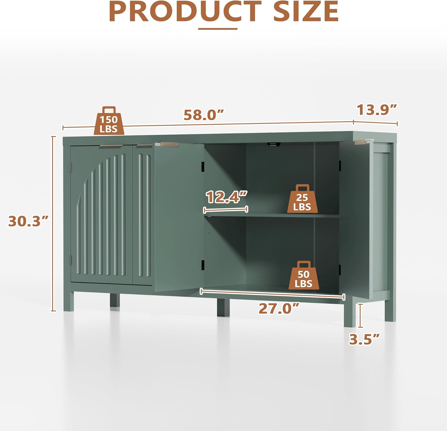 58" W Sideboard Buffet Cabinet with Storage, Mid Century Modern Credenza with Arch Doors & Shelves Coffee Bar Media Console Cabinets for Kitchen, Living Room, Entryway (Green)