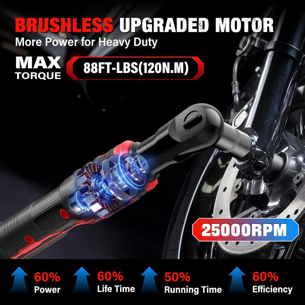 20V Cordless Ratchet Wrench 3/8" Set, 88 Ft-lbs(120N.m), 500 RPM, Electric Ratchet Wrench with 2PCS 2000mAh Batteries, Variable Speed, LED Light, 5 Sockets, 1/2" Adapter, 3" Extension Bar